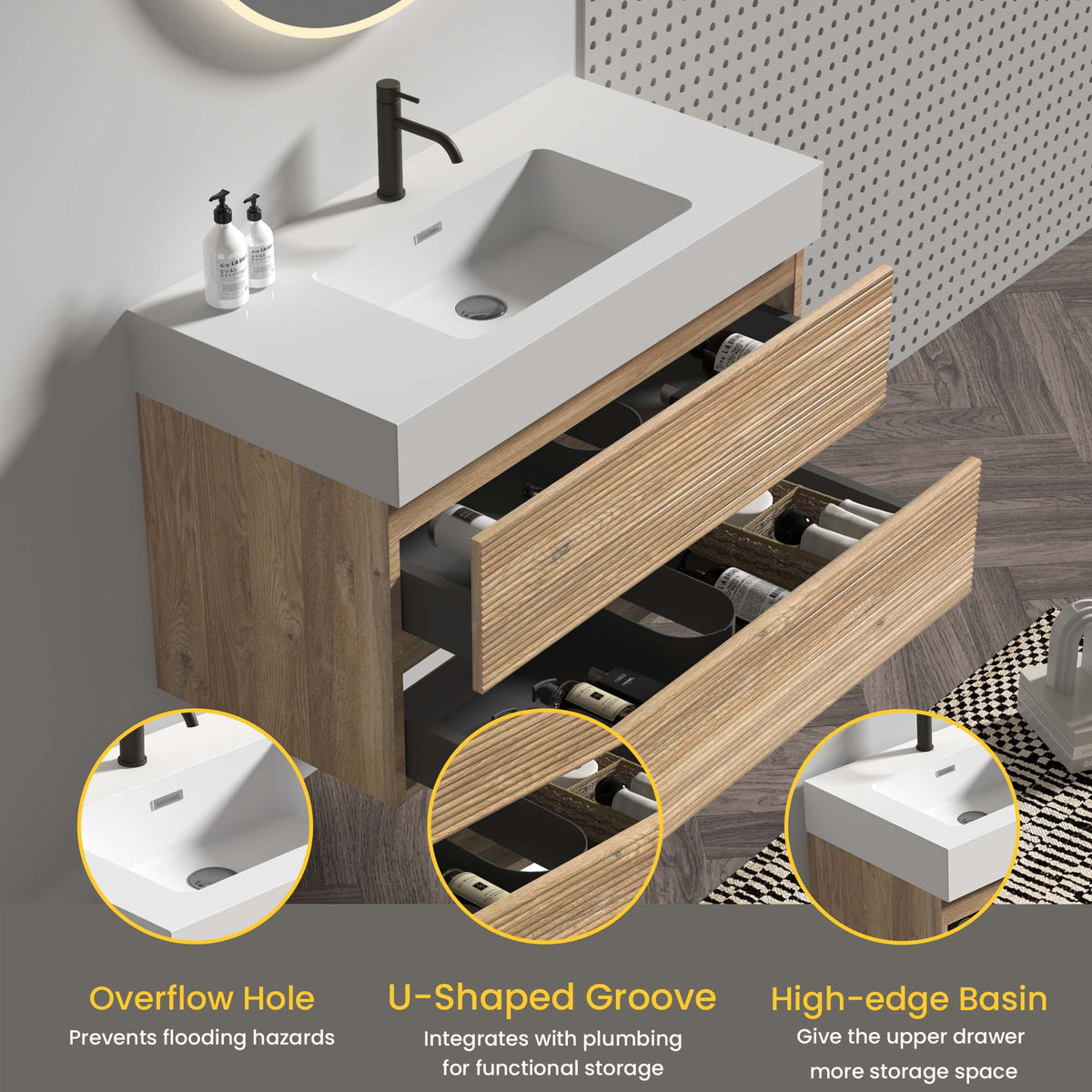 Grace 36-Inch Wall-Mounted Bathroom Vanity, Oak and Glossy White