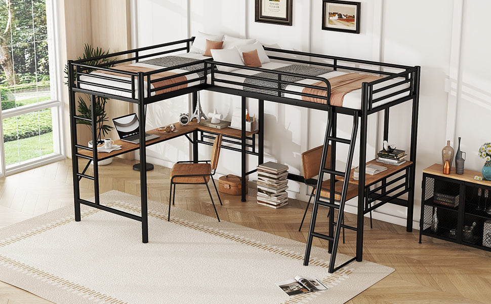 Twin Size Metal Loft Bed with Two Built-in Desks