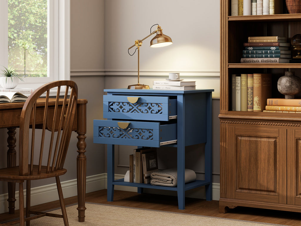 Dusty Blue 2-Drawer Nightstand with Carved Lattice Fronts, Gold Pulls