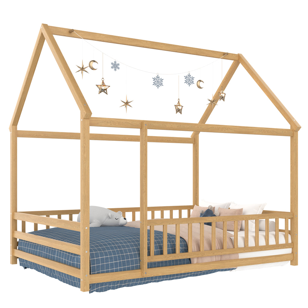 Full Size Floor Wooden Bed with House Roof Frame, Fence Guardrails