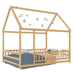Full Size Floor Wooden Bed with House Roof Frame, Fence Guardrails