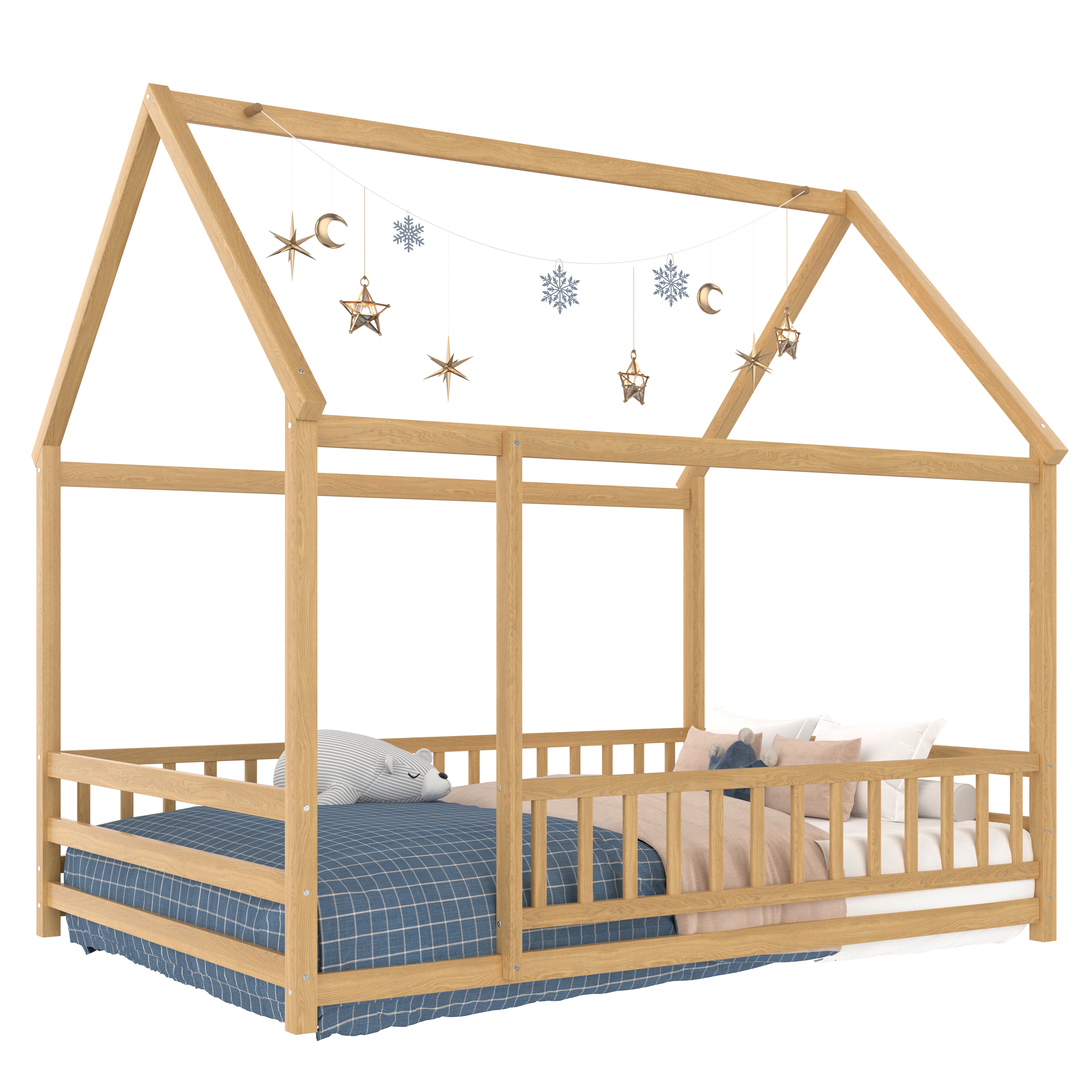 Full Size Floor Wooden Bed with House Roof Frame, Fence Guardrails