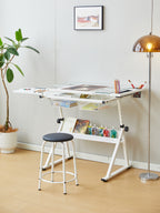 White Adjustable Tempered Glass Drafting Table with Chair