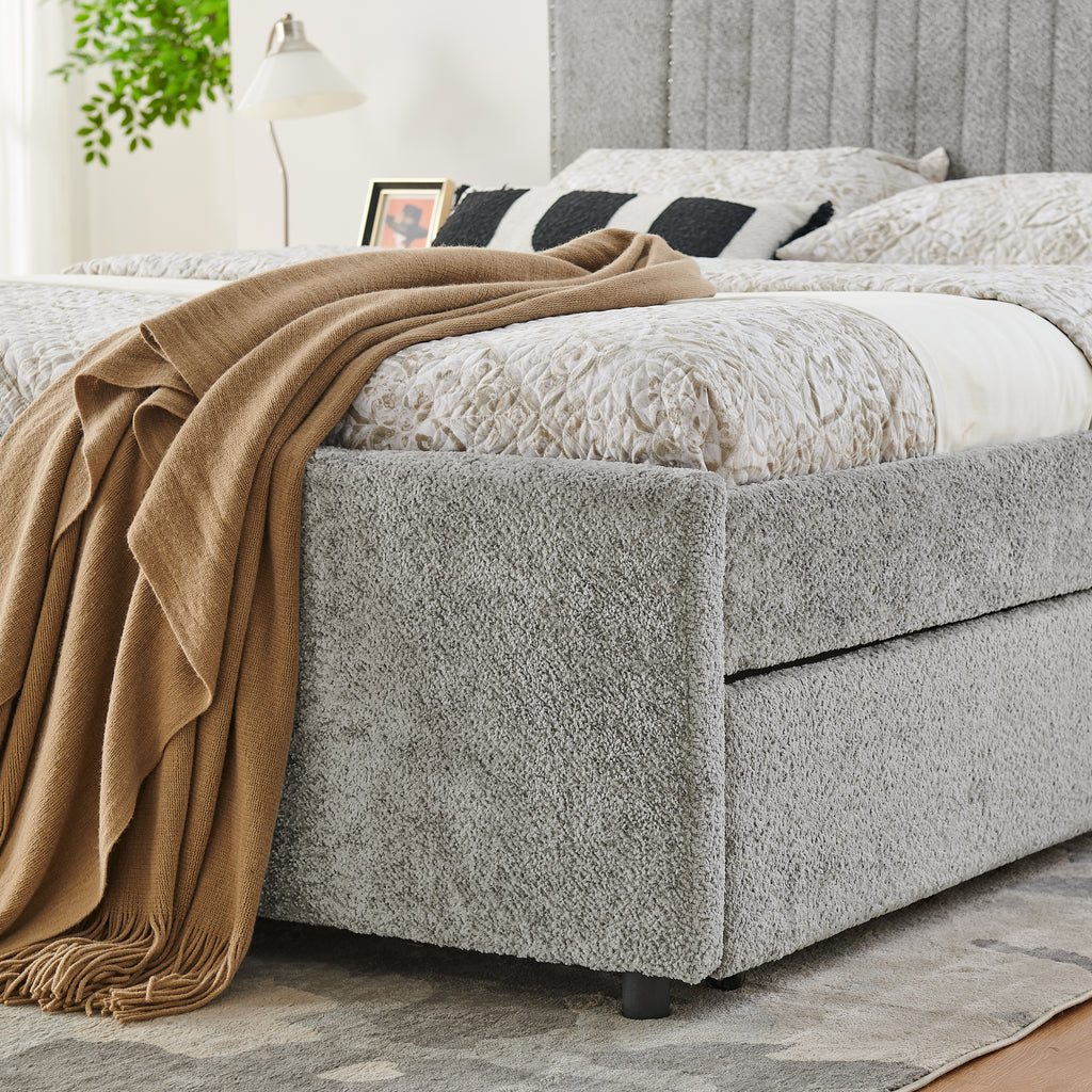 Queen Vertical Channel Tufted Upholstered Bed, Grey Chenille, Storage Drawers & Pull-Out Trundle