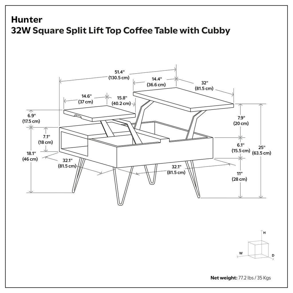 Hunter Solid Mango Wood Lift Top Square Coffee Table in Umber