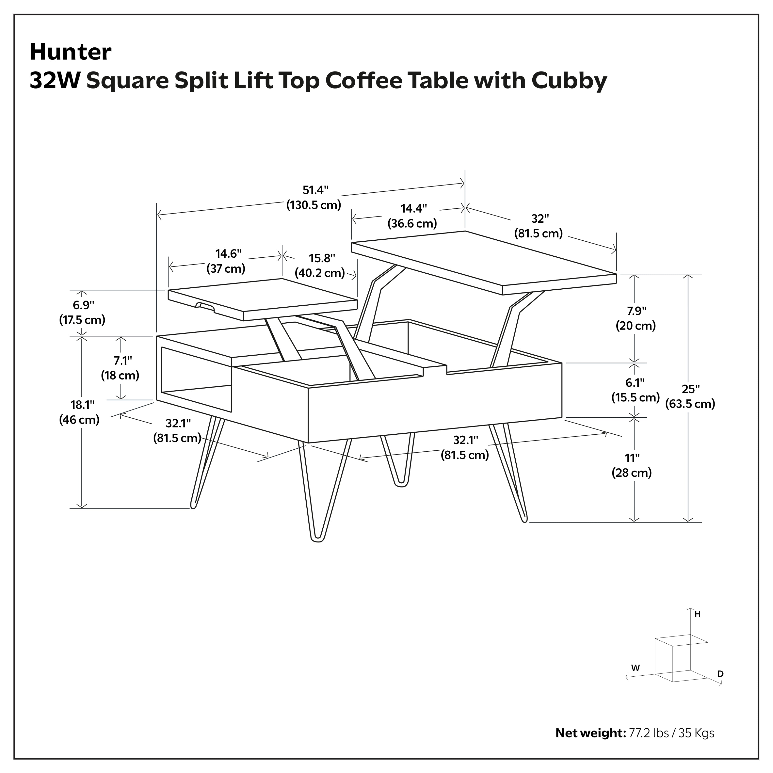 Hunter Solid Mango Wood Lift Top Square Coffee Table in Umber