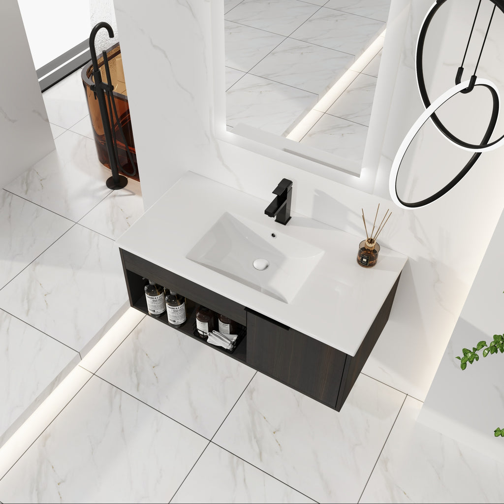 36" Wall-Mounted Floating Bathroom Vanity with Ceramic Sink – Modern Dark