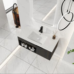 36" Wall-Mounted Floating Bathroom Vanity with Ceramic Sink – Modern Dark