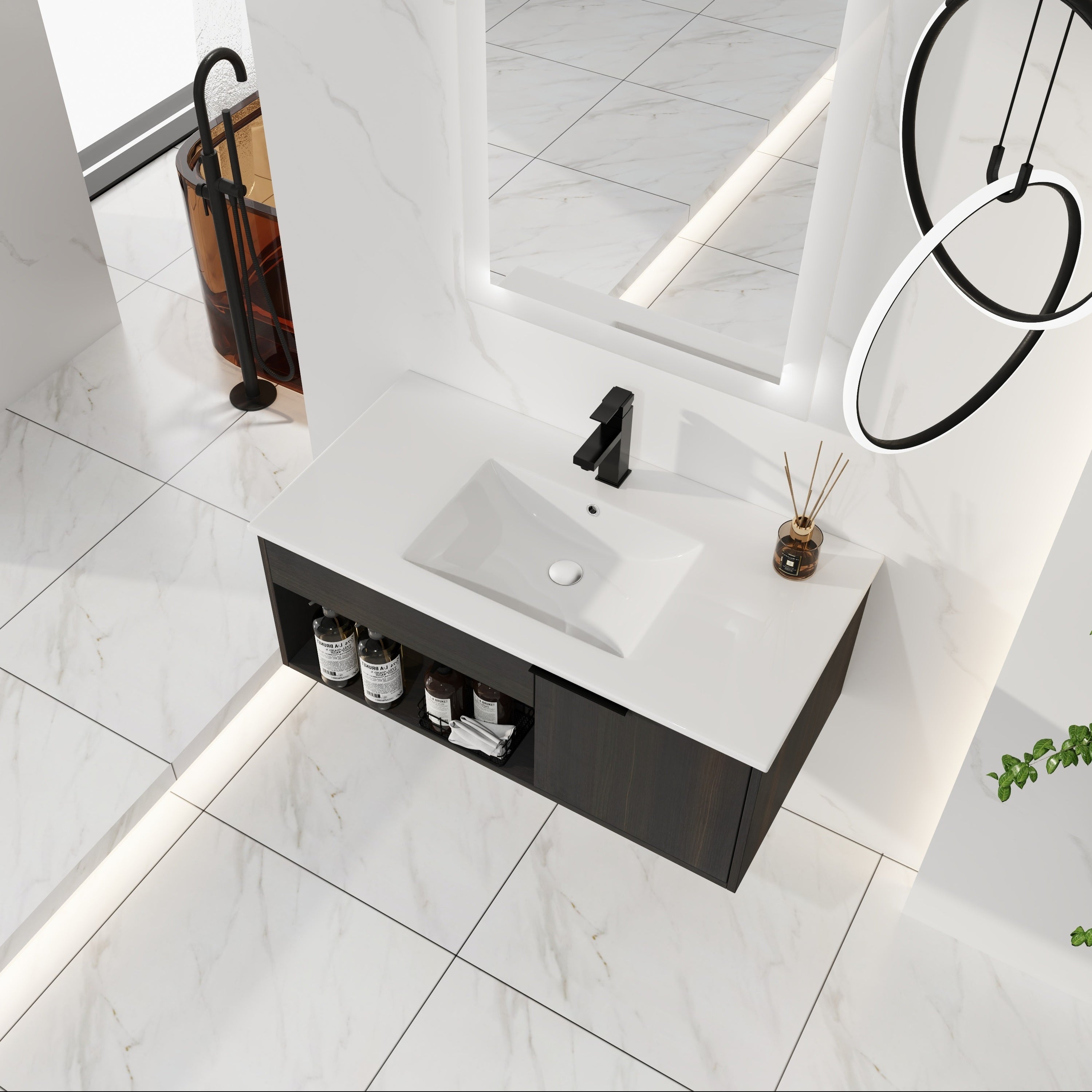 36" Wall-Mounted Floating Bathroom Vanity with Ceramic Sink – Modern Dark