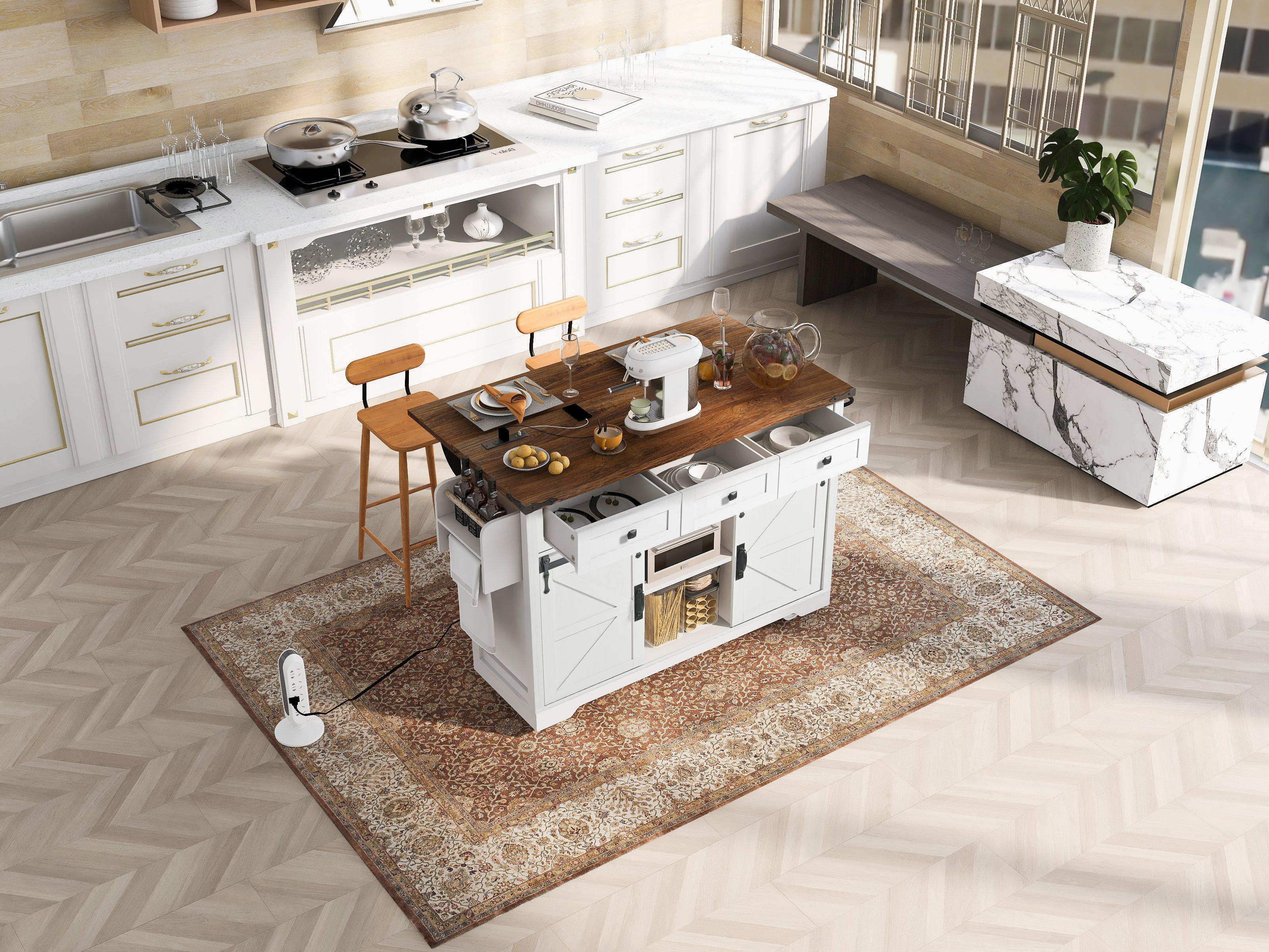 K&K 53.7" Farmhouse Kitchen Island with Power Outlet