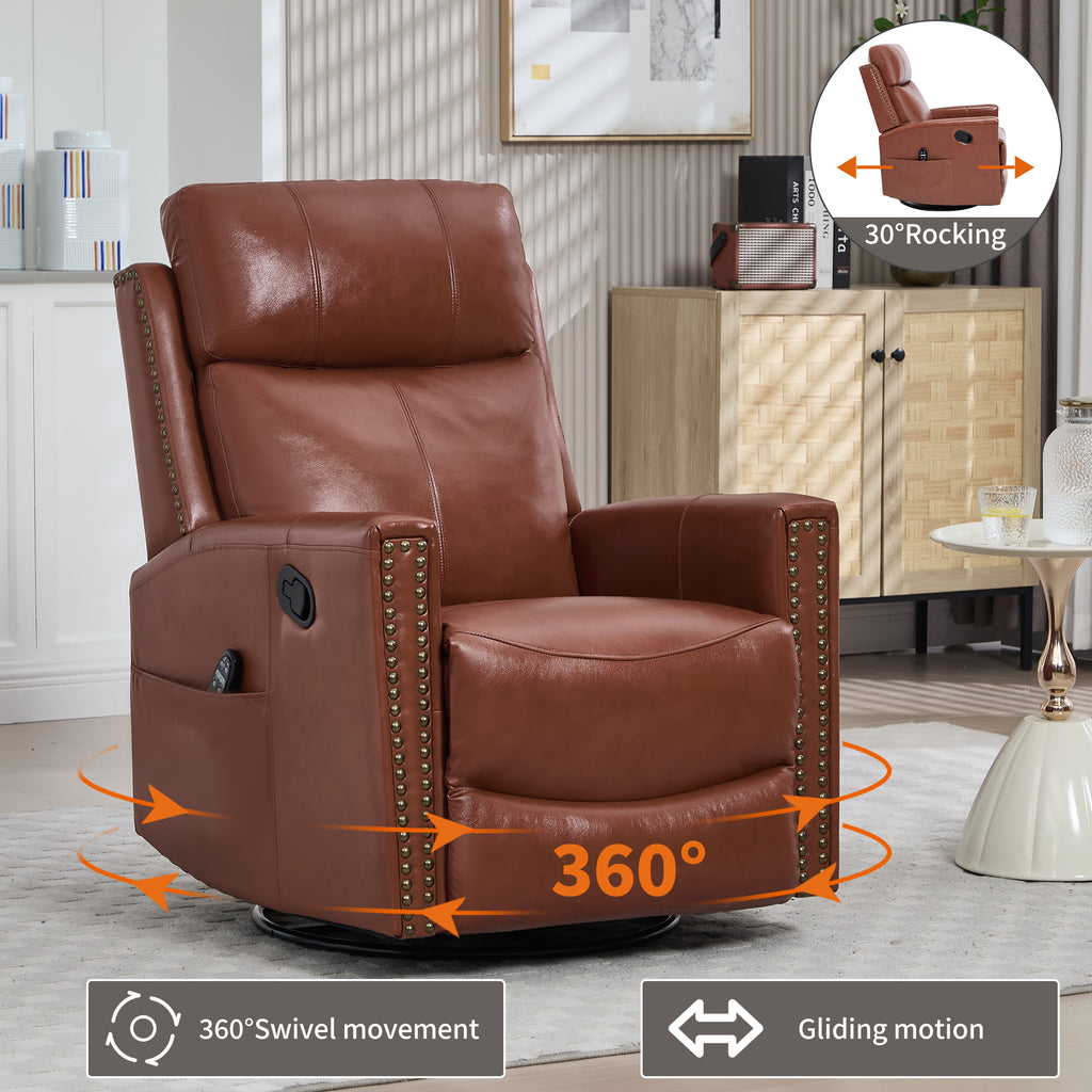 Red Genuine Leather Heat Massage Manual Recliner Chair