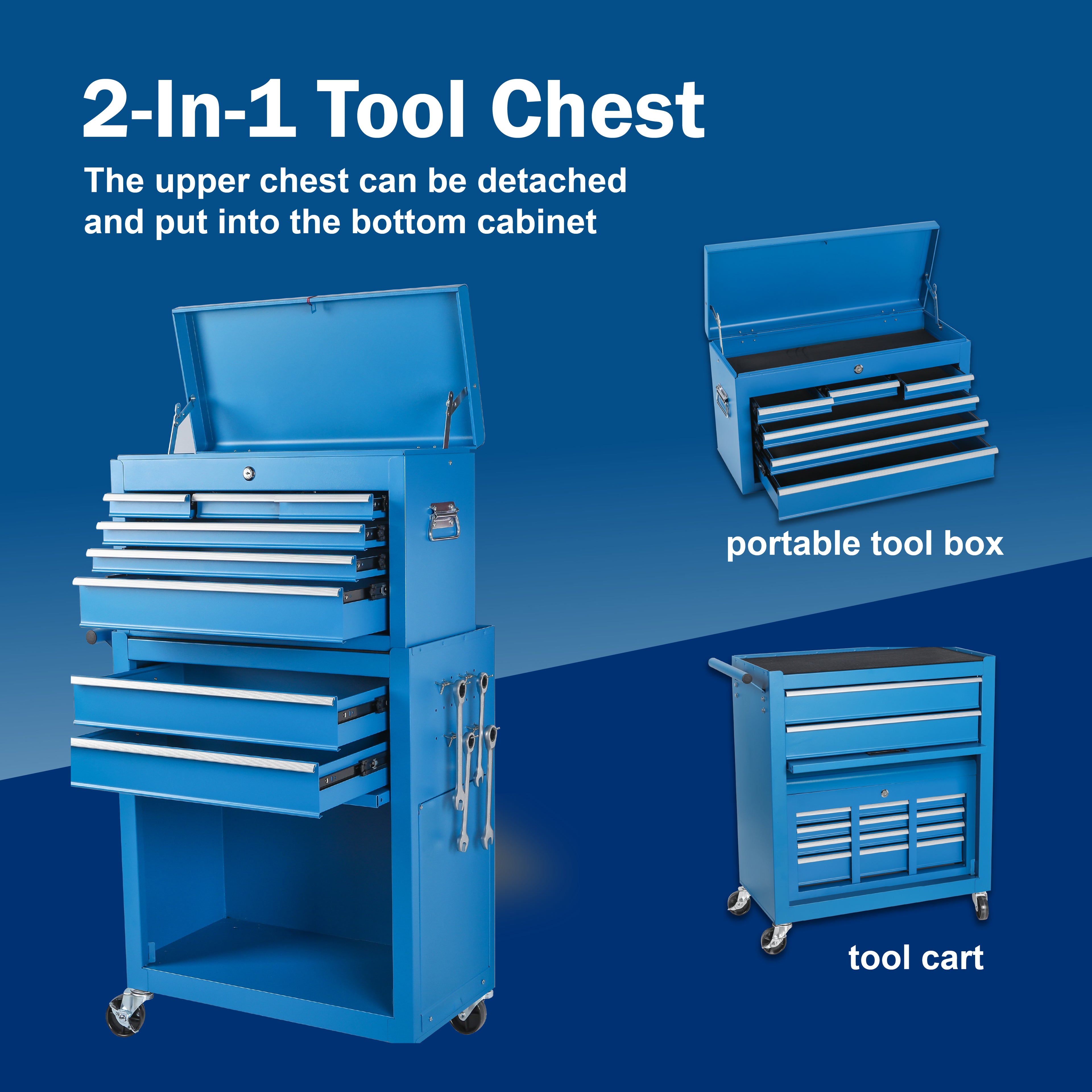8-Drawer Rolling Tool Storage Cabinet with Detachable Top Toolbox