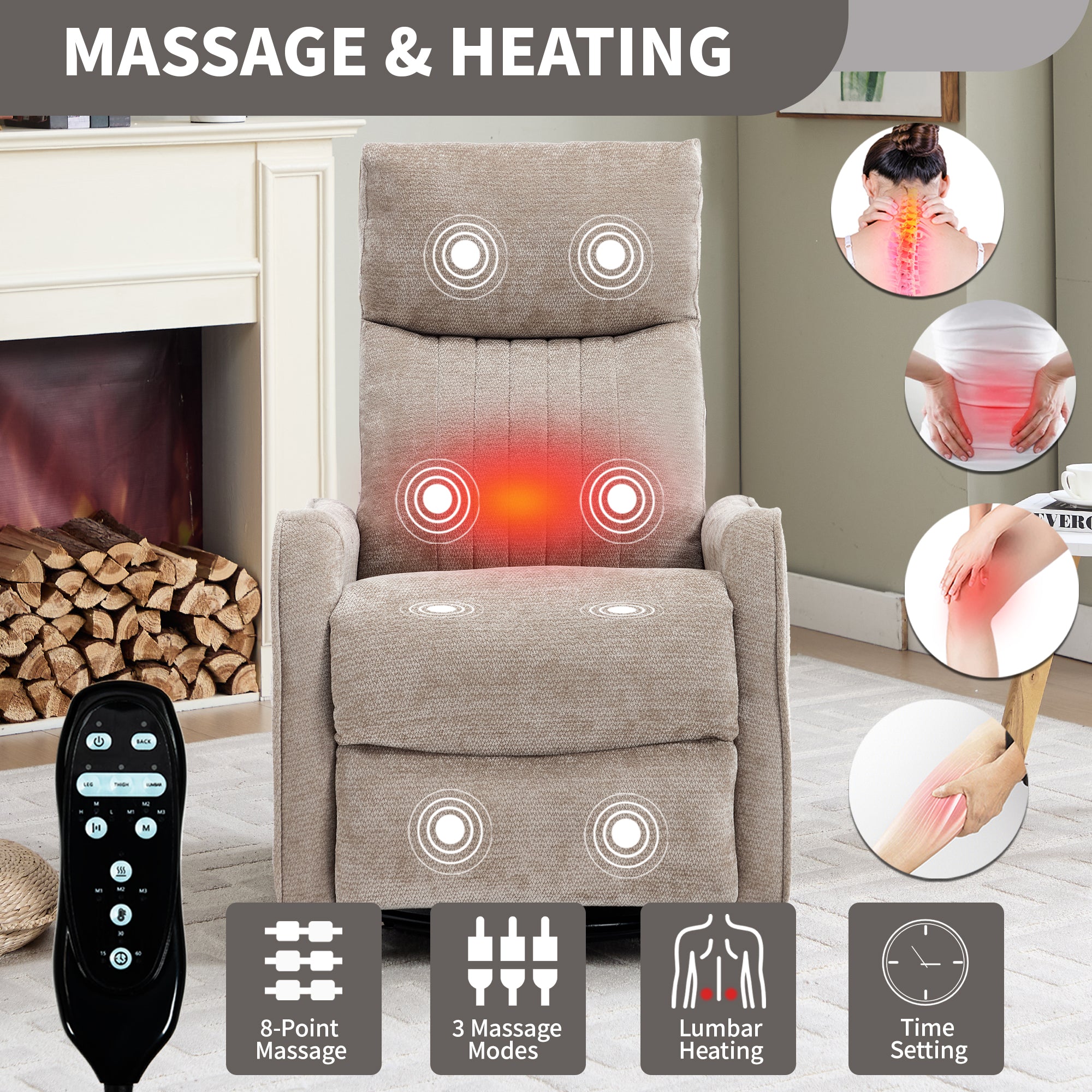 Khaki Heat Massage Manual Recliner Chair