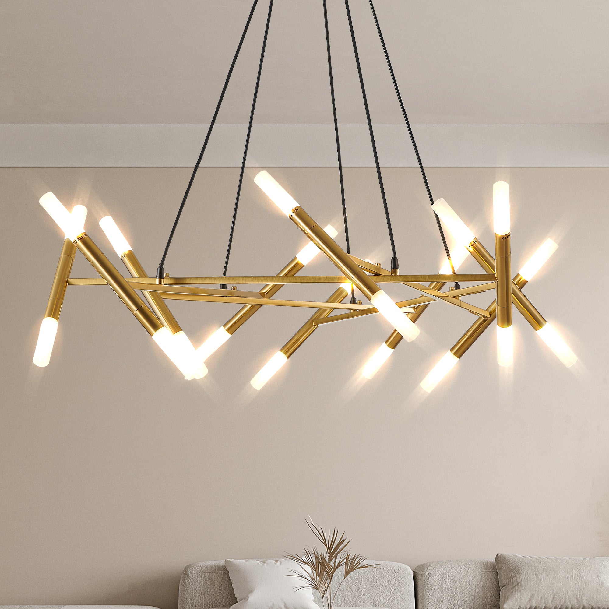 41" Golden Modern Chandelier Light Fixture, Branch Design with Frosted Tubes