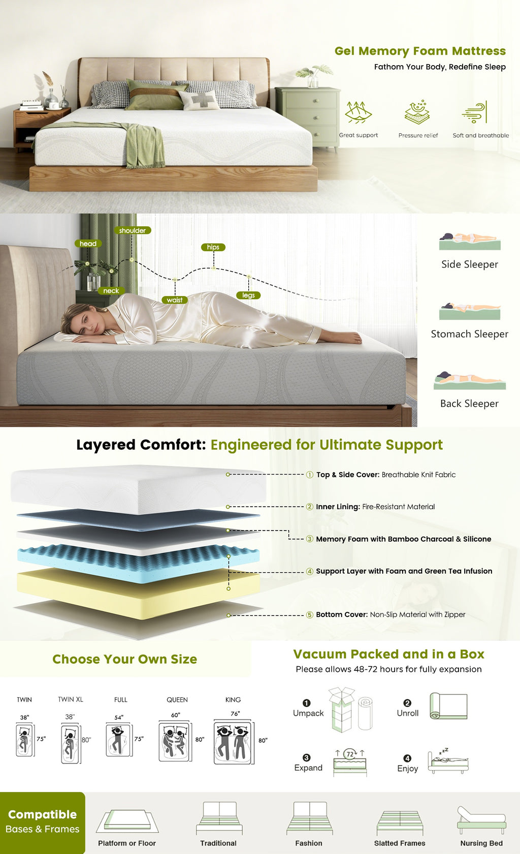 Queen Size Memory Foam Mattress - 10 Inch with Cooling