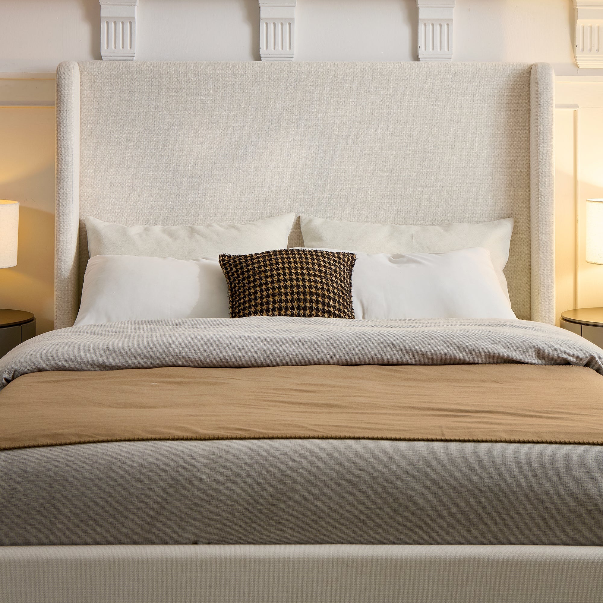 Caron Upholstered Wingback Bed with 52.3' High Headboard in Ivory Canvas Chenille