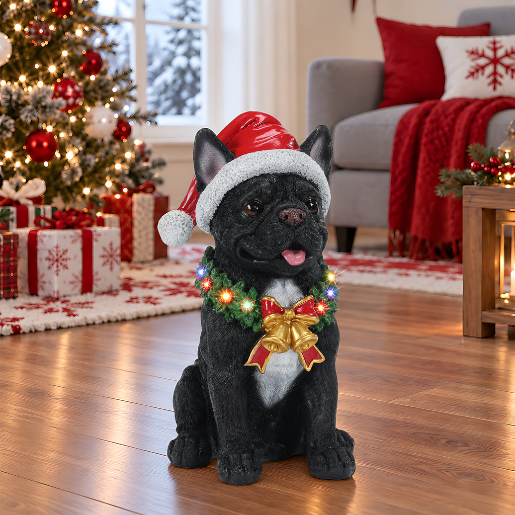 Lighted Christmas French Bulldog Statue, Black Resin, 14 Inches