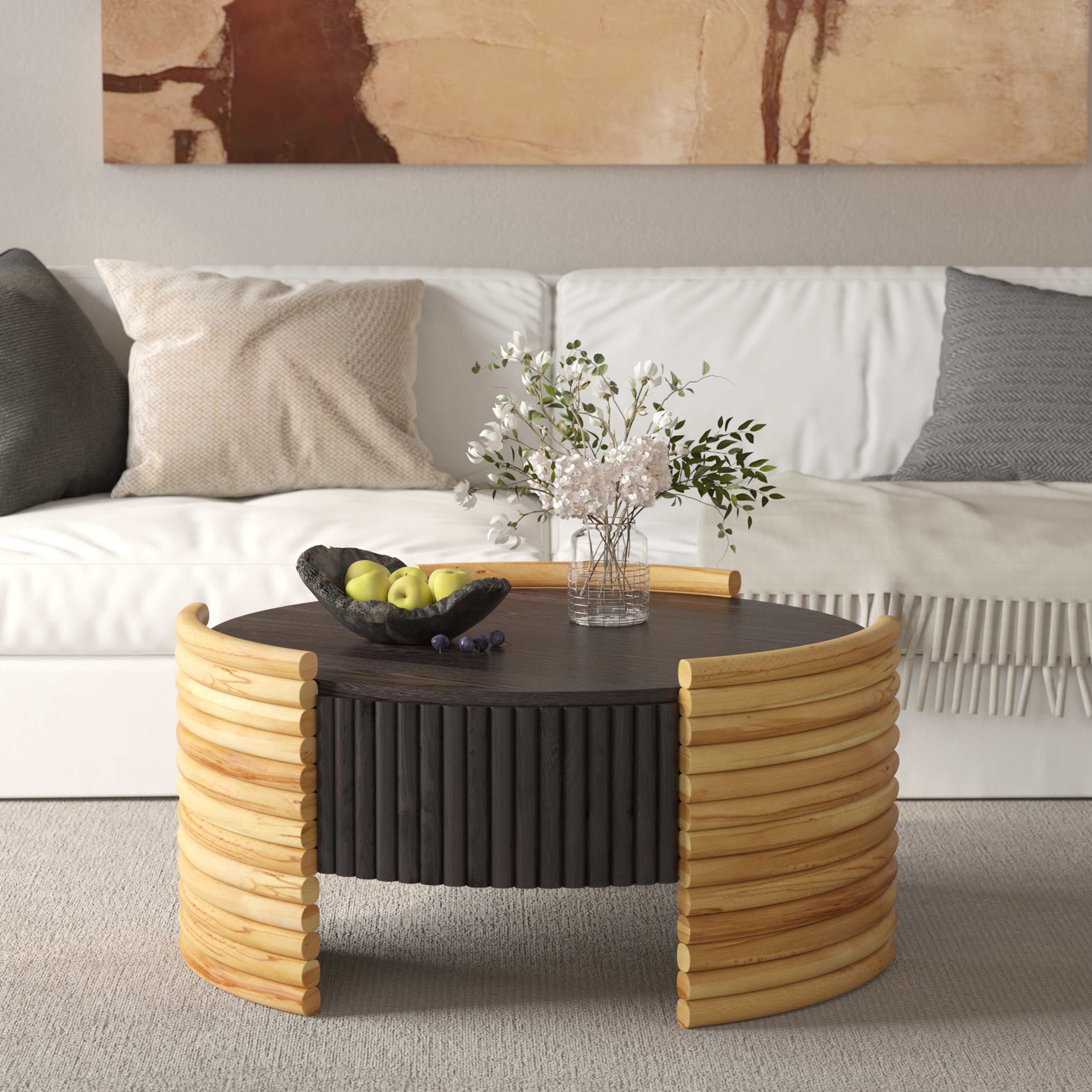 Modern Colorblocked Striped Coffee Table with Flip Top Storage