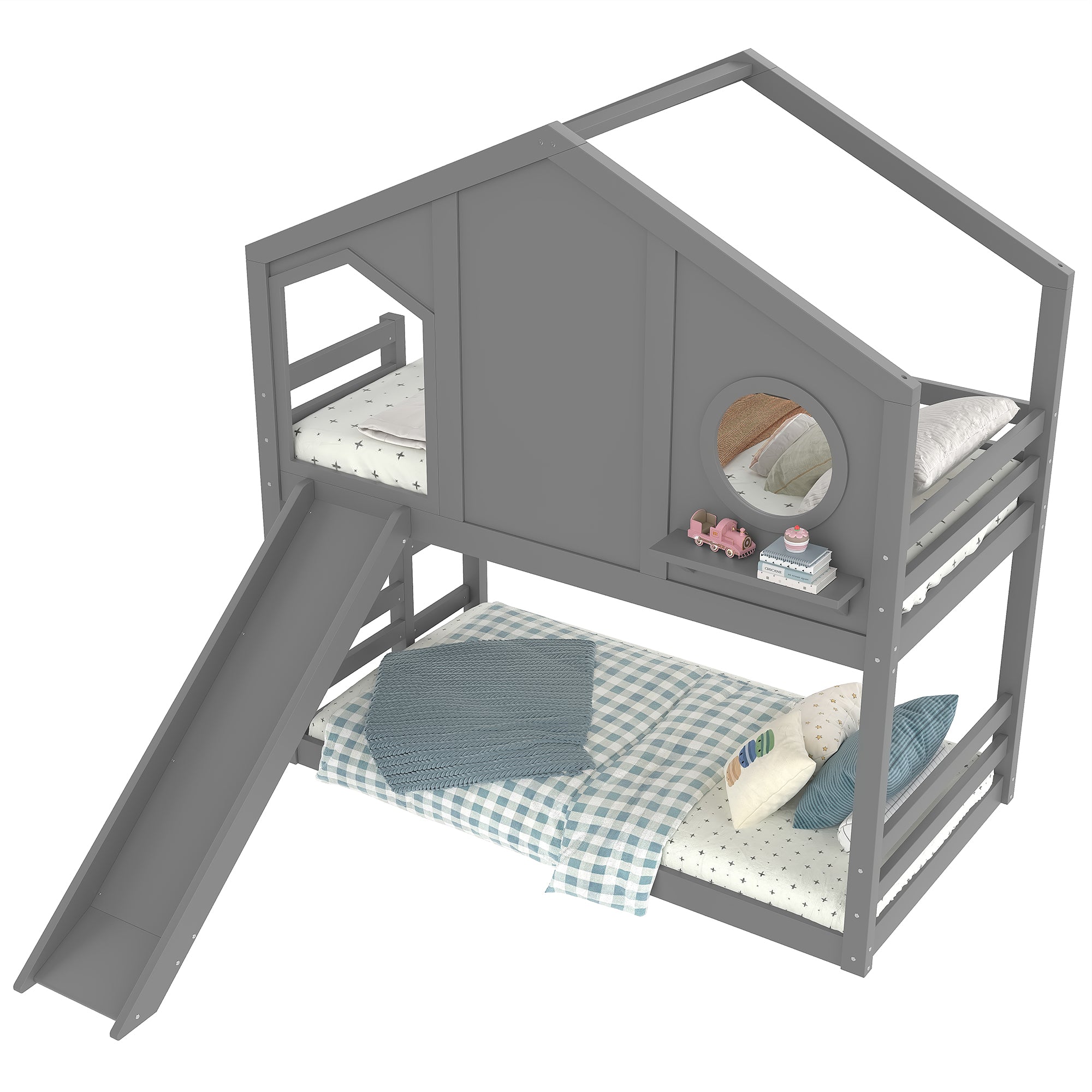 Twin House Bunk Bed with Slide and Storage Shelves