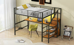 Full Size Metal Loft Bed with Desk, Storage Staircase, Small Wardrobe and LED Light
