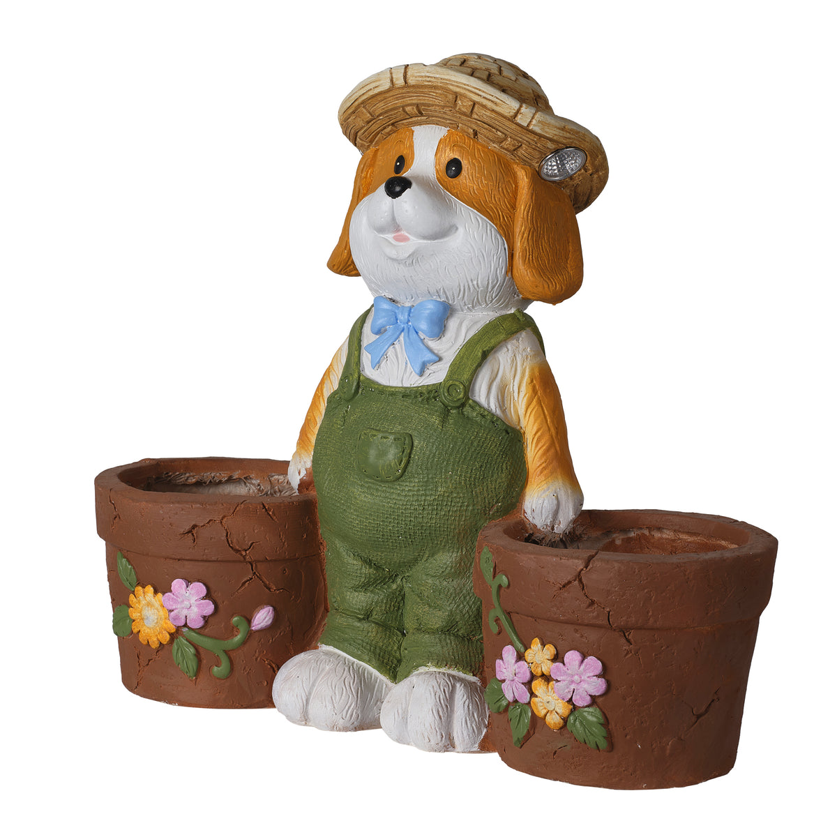 Magnesium Oxide Dog Statue Planter with Solar LED Lights in Ears, Dual Flower Pots Garden Decor, 21", for Patio & Doorway