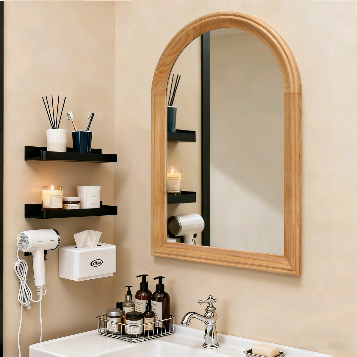 Arched Wood Framed Wall Mirror, 35.43" H x 23.62" W Rustic Decorative Mirror for Bathroom/Vanity/Living Room (Natural
