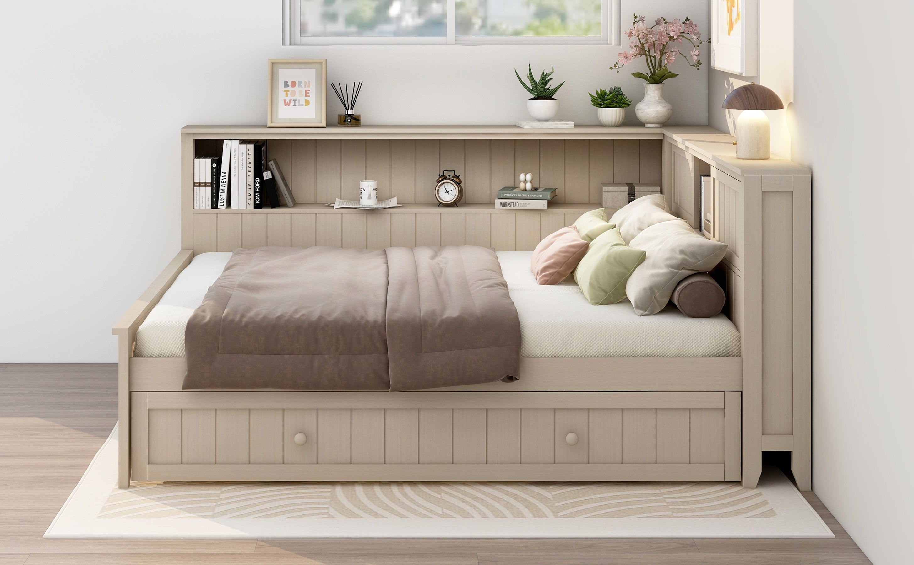Full Size Wood Daybed with Storage Shelves and Trundle