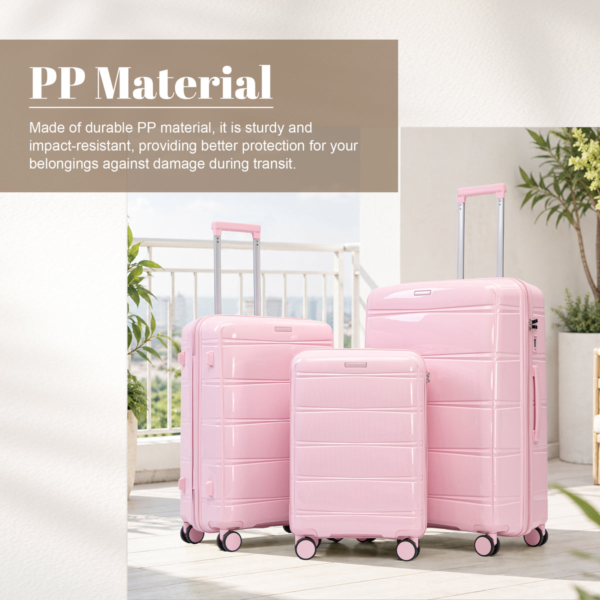 3-Piece Hard Case Luggage Set, 20/24/28 Inch, Polypropylene with Spinner Wheels, Pink
