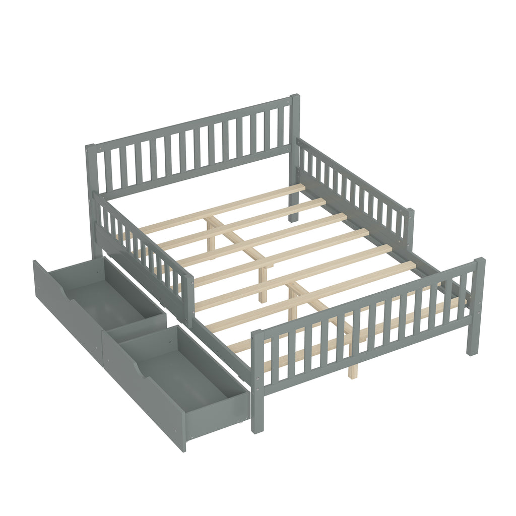 Full Size Wood Platform Bed with Guardrails on Both Sides and Two Storage Drawers