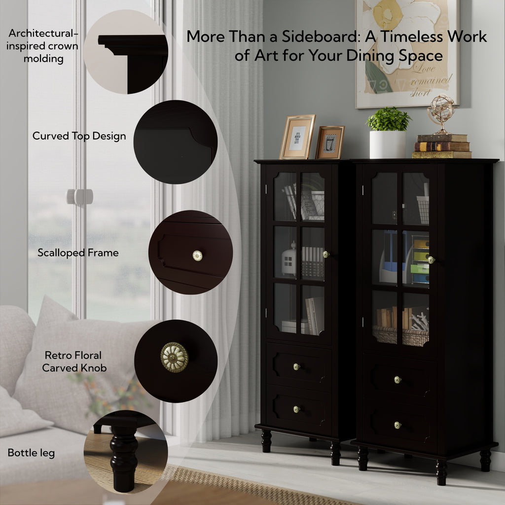 Black Tall Storage Cabinet with Glass Door & 2 Drawers