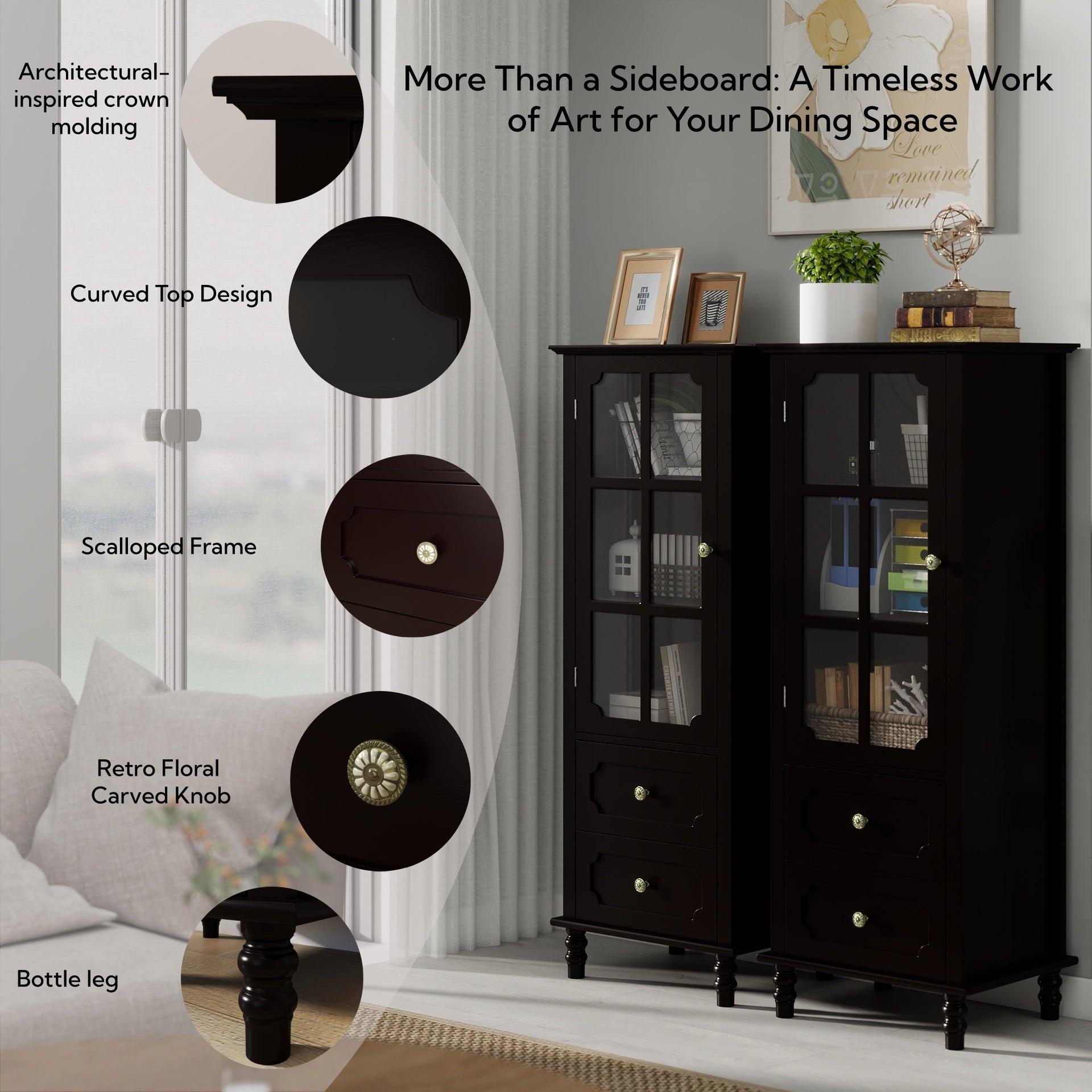 Black Tall Storage Cabinet with Glass Door & 2 Drawers