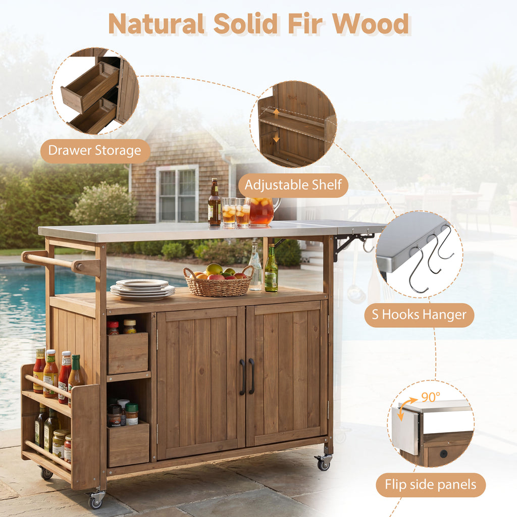 54.33" Farmhouse Rolling Outdoor Kitchen Cart, Solid Wood Frame with Stainless Steel Top, Spice Rack, Towel Rack, Lockable Wheels & Multi-Functional Storage for Patio, Backyard BBQ & Kitchen