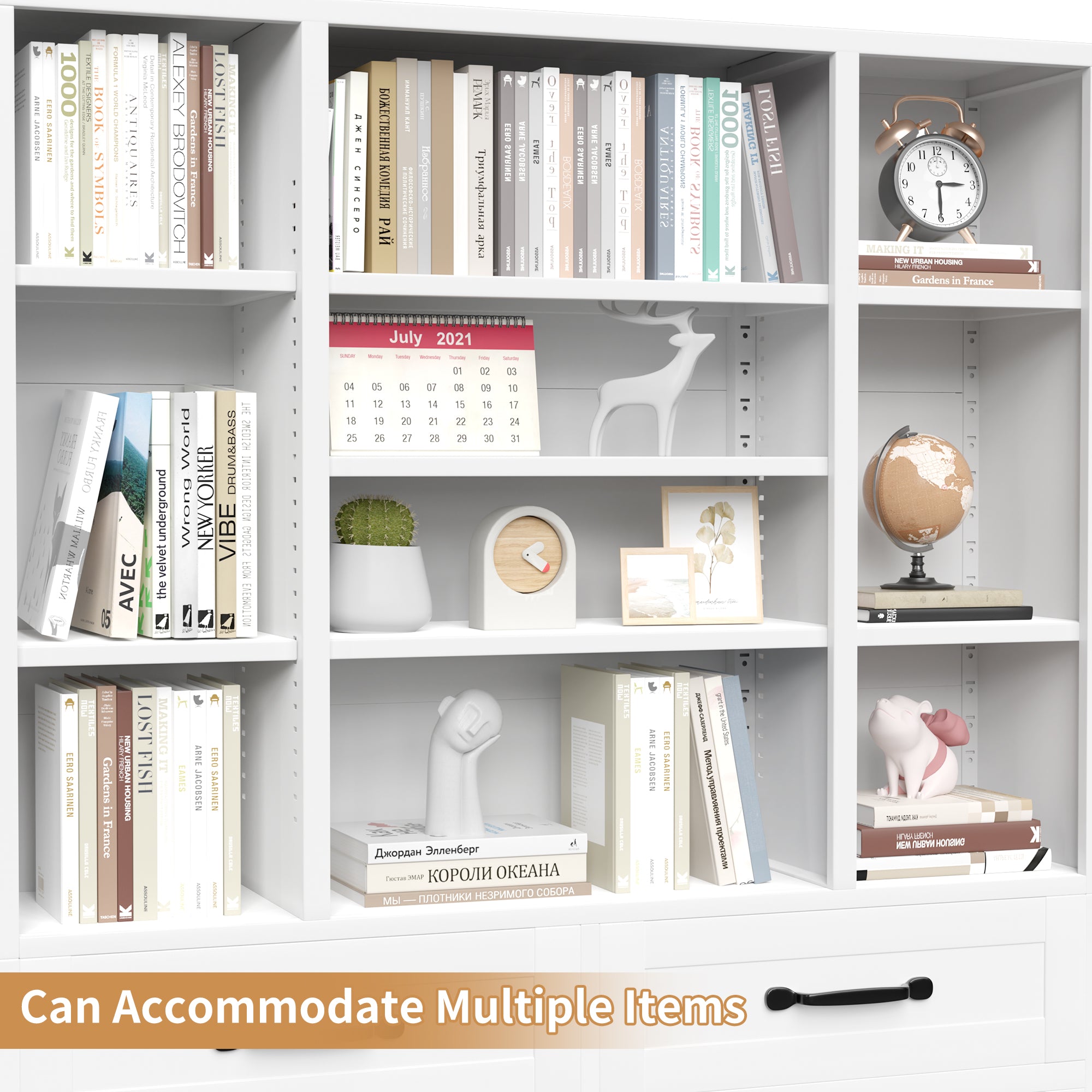71" Tall Bookcase with Doors, Drawers & Adjustable Open Shelves