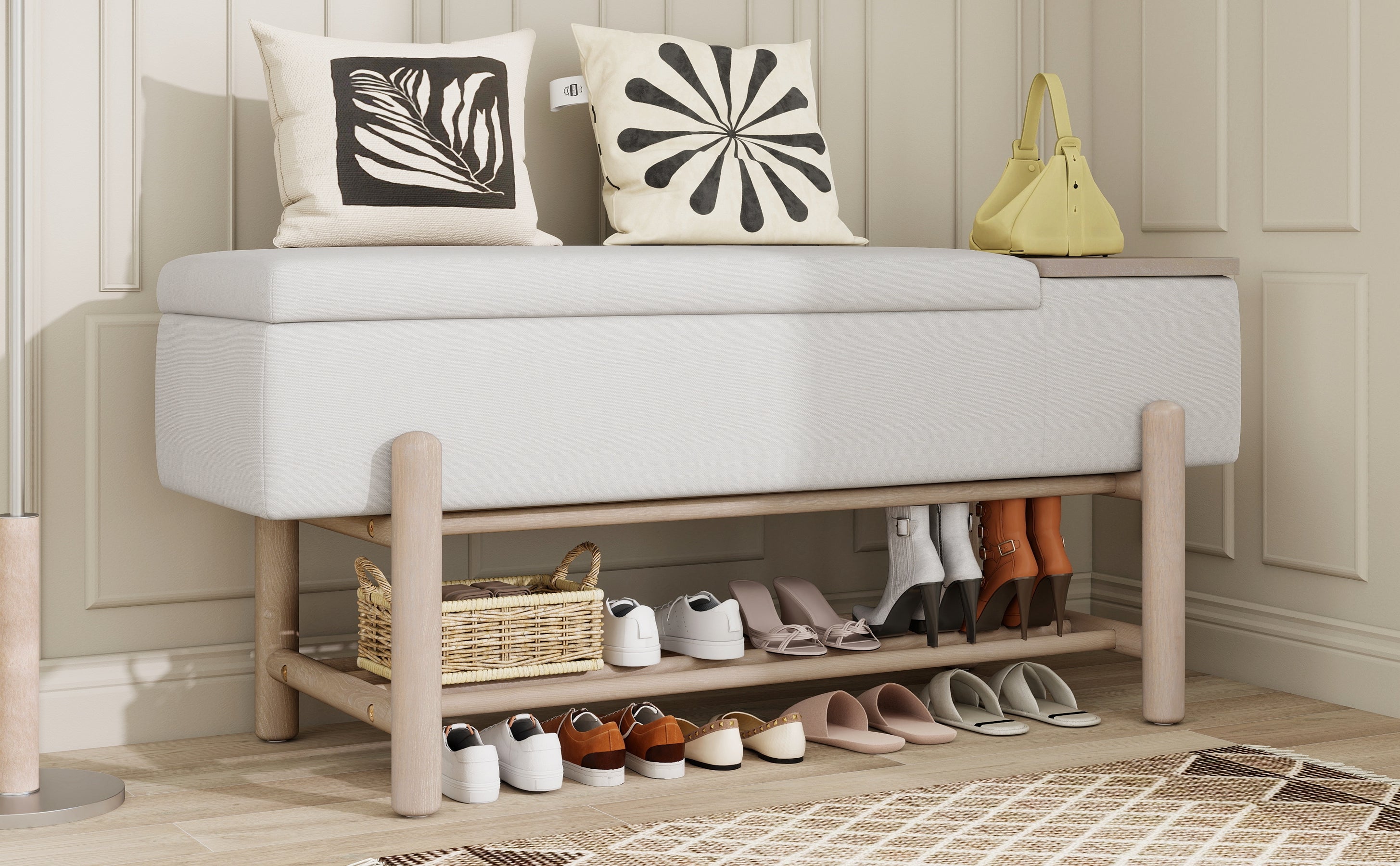 TREXM Farmhouse Upholstered Storage Bench