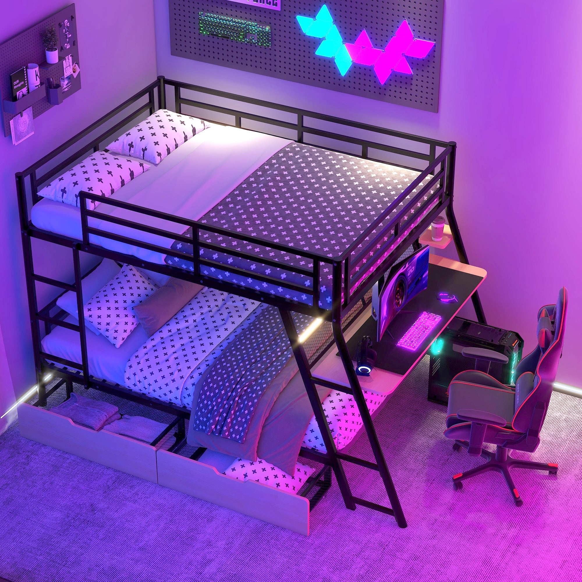 Full Size Metal Bunk Bed with Built-in Desk, Light and 2 Drawers