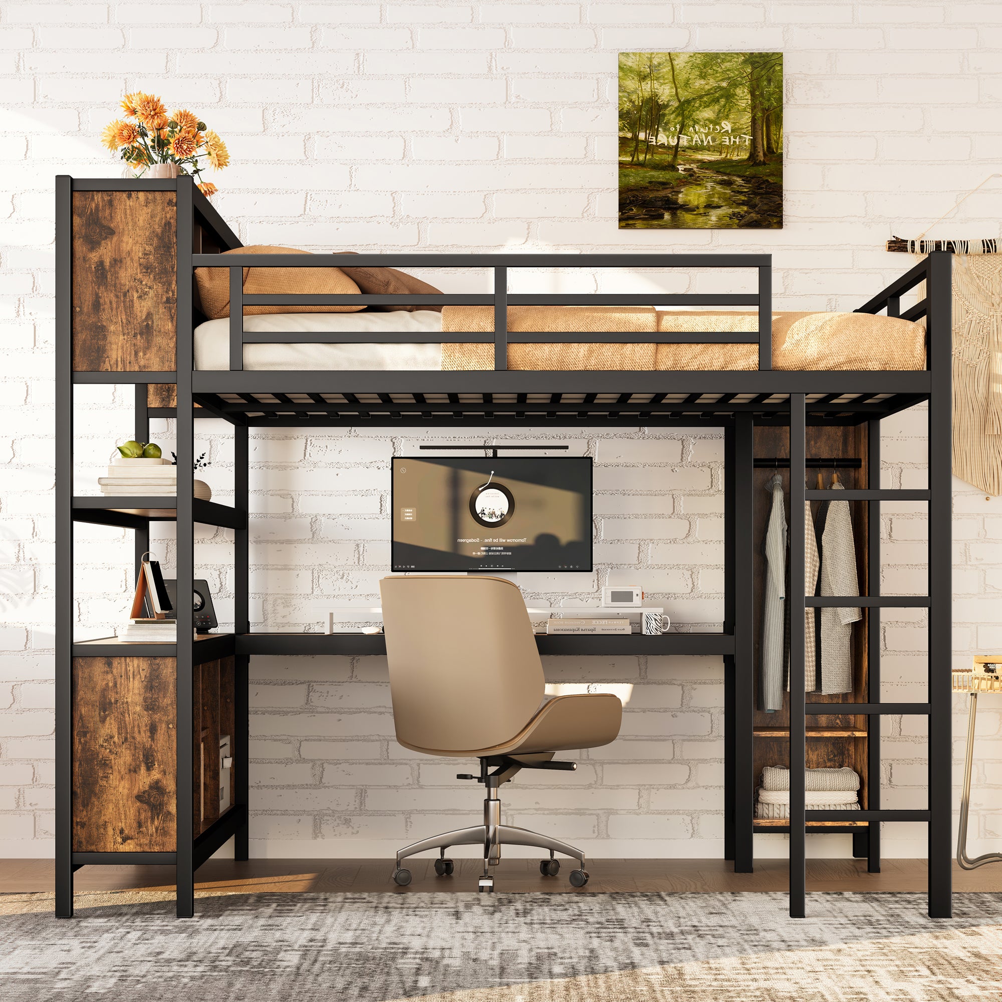 Metal Loft Bed with Wardrobe and L-shaped Desk