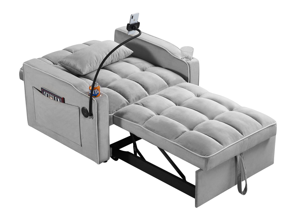 Convertible Sleeper Chair Sofa Bed, Grey Velvet, 42-Inch, 3-in-1