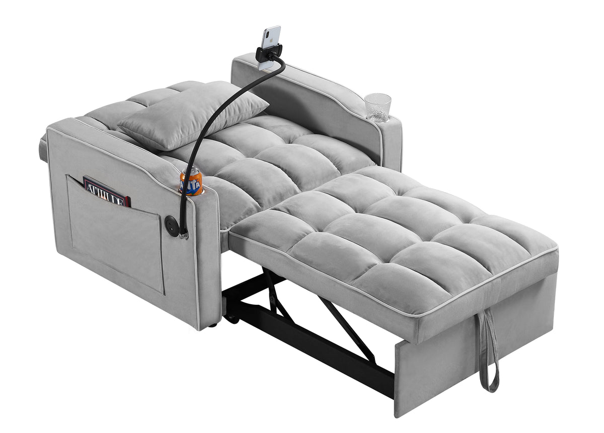 Convertible Sleeper Chair Sofa Bed, Grey Velvet, 42-Inch, 3-in-1