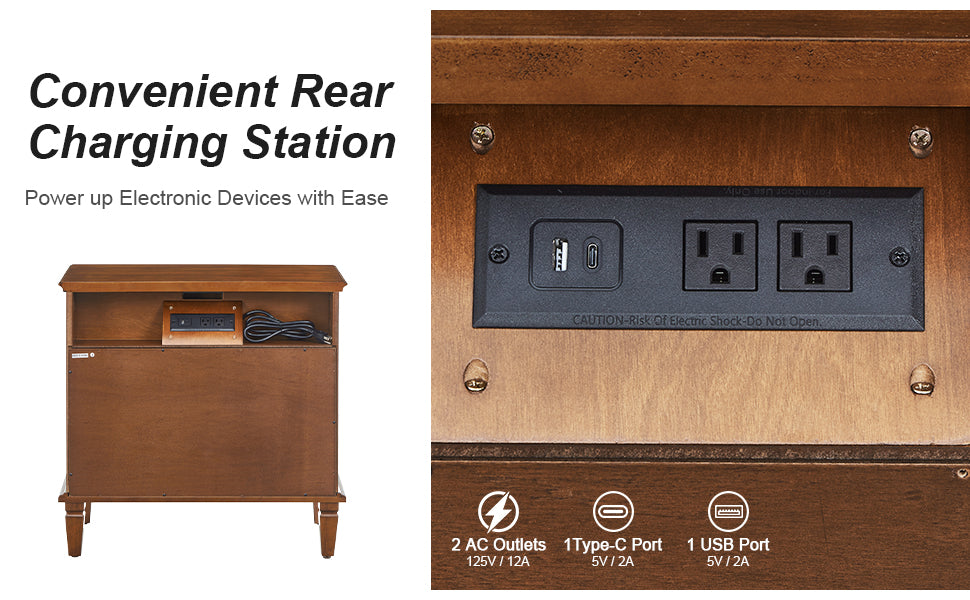 Farmhouse 3 Drawer Nightstand with Charging Station, Wood Dresser Chest of Drawers with USB & Type-C Port & 2 AC Outlets, Vintage