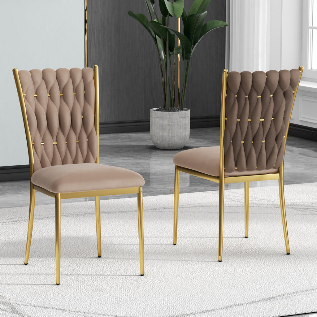 Modern Simple Velvet Dining Chair, Brown, Gold Metal Legs, Set of 2