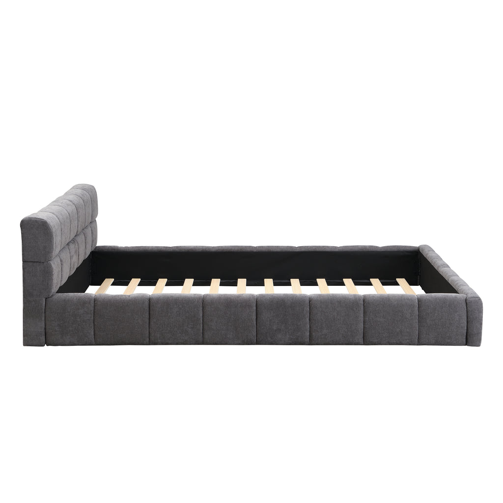 Elegant Chenille Upholstered Bed with Checkerboard Design, Queen