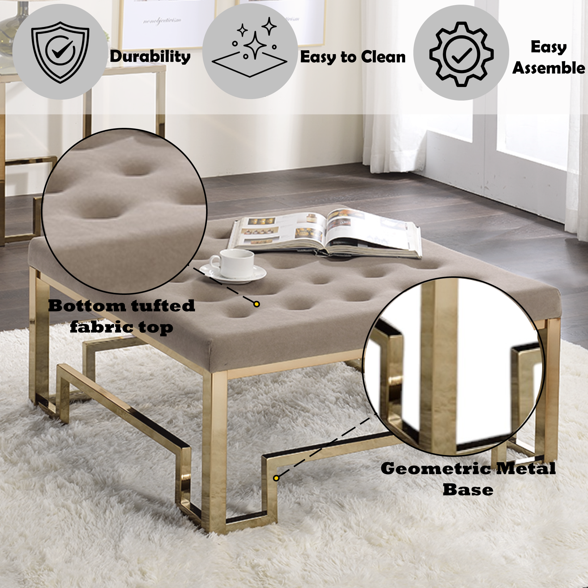 Damien Beige Fabric & Champagne Finish Cocktail Ottoman