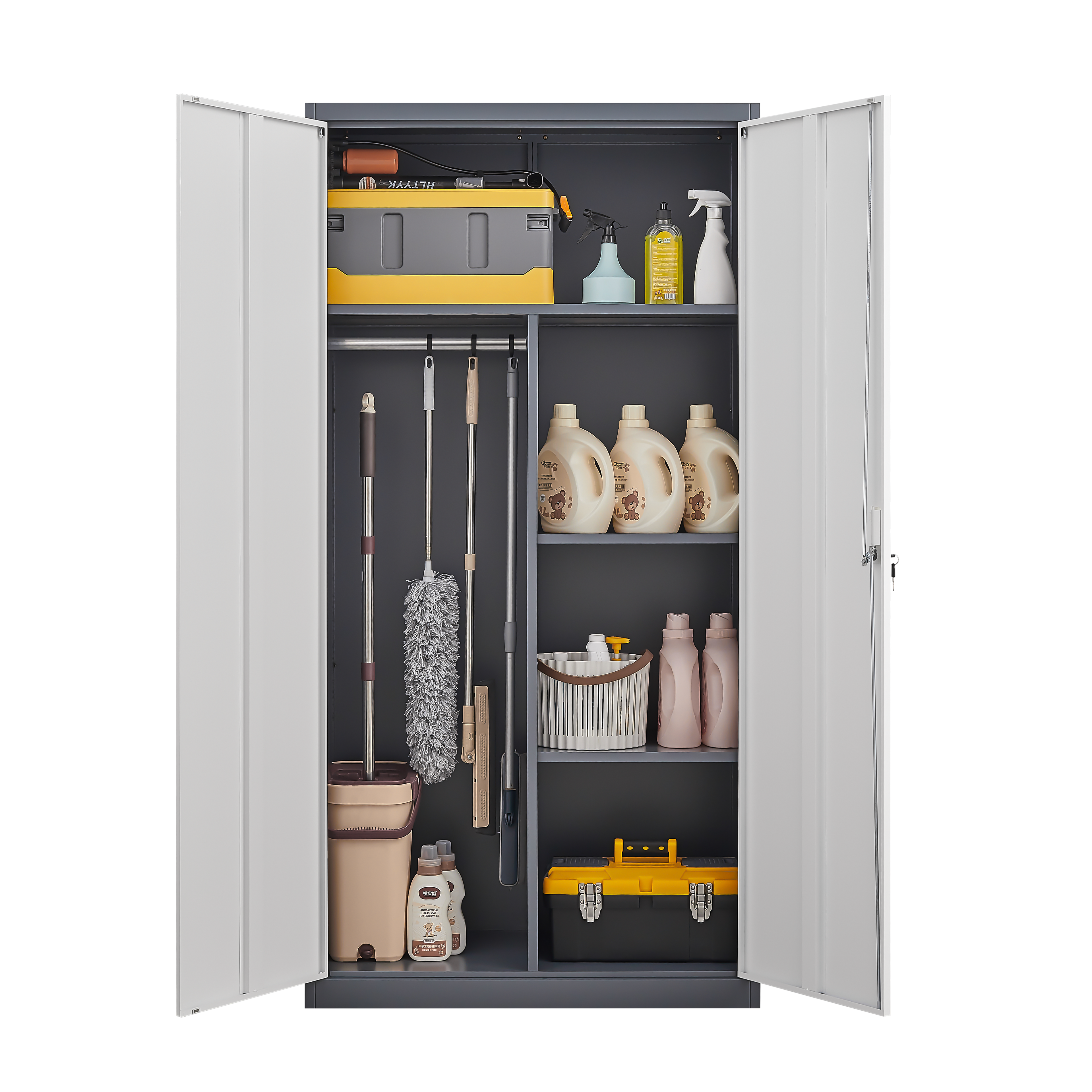 Gray Steel Lockable Large Capacity Wardrobe with Hanging Rod & Shelves