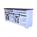 65.3" TV Stand with LED Light Strips and Iron Mesh Barn Door