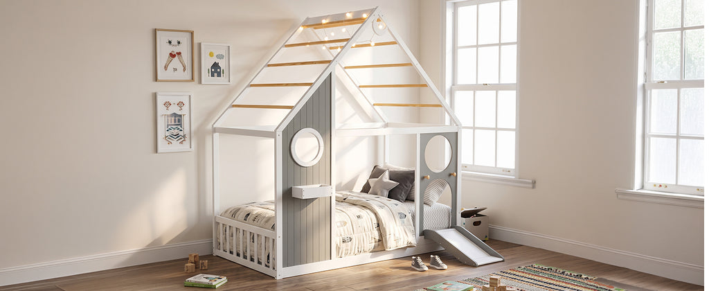 Twin House Bed with Slide, Ball Light Strip, Gray