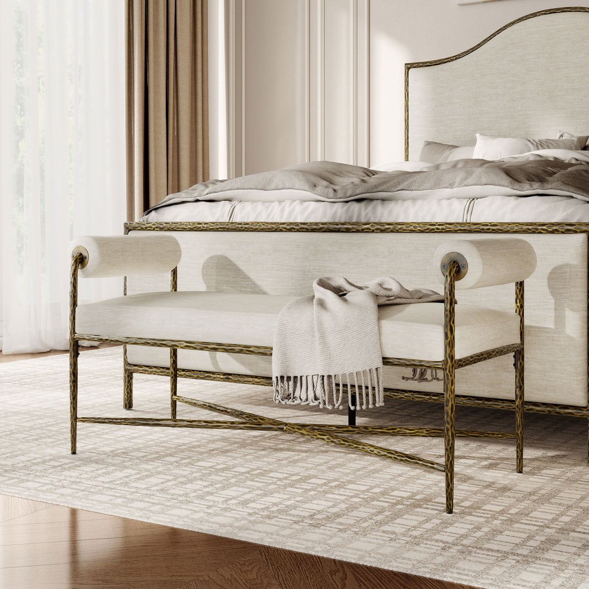 Matte Gold Upholstered Bench with Forged Steel Frame, 48 Inches