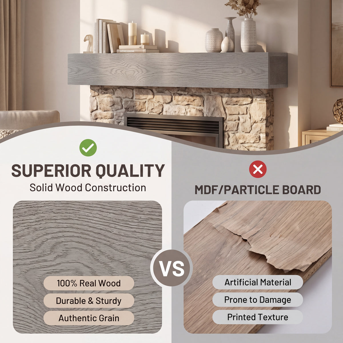60-Inch Rustic Embossed Wood Fireplace Mantel, Wall-Mounted Floating Shelf, Gray