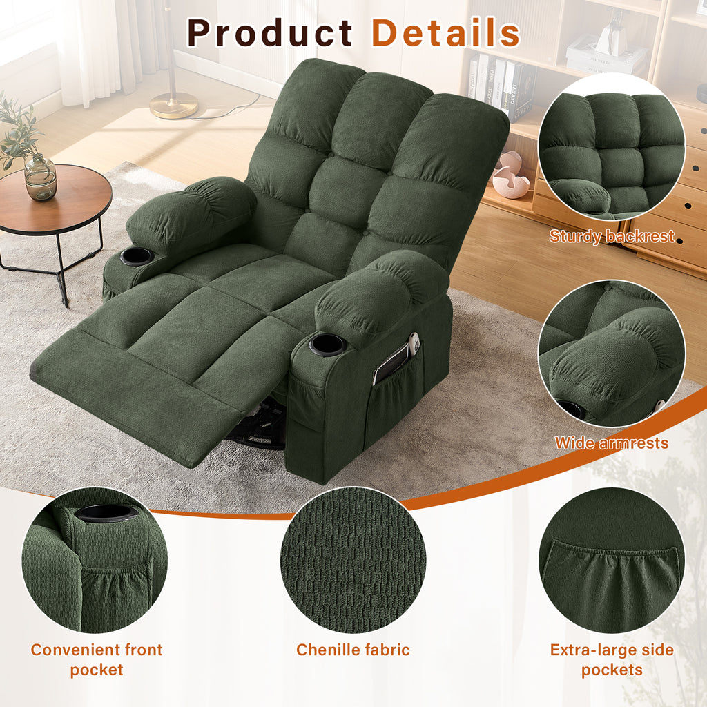Massage Swivel Recliner Chair with Vibration Massage and Lumbar Heating for Adults,350LBS Oversized Rocker Recliner Single Sofa with Side Pocket,cup holder and USB Charge Port for Living Room