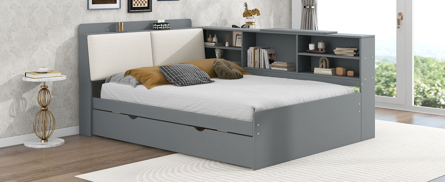 Wood Full Size Platform Bed with Trundle, Shelves and Storage Headboard