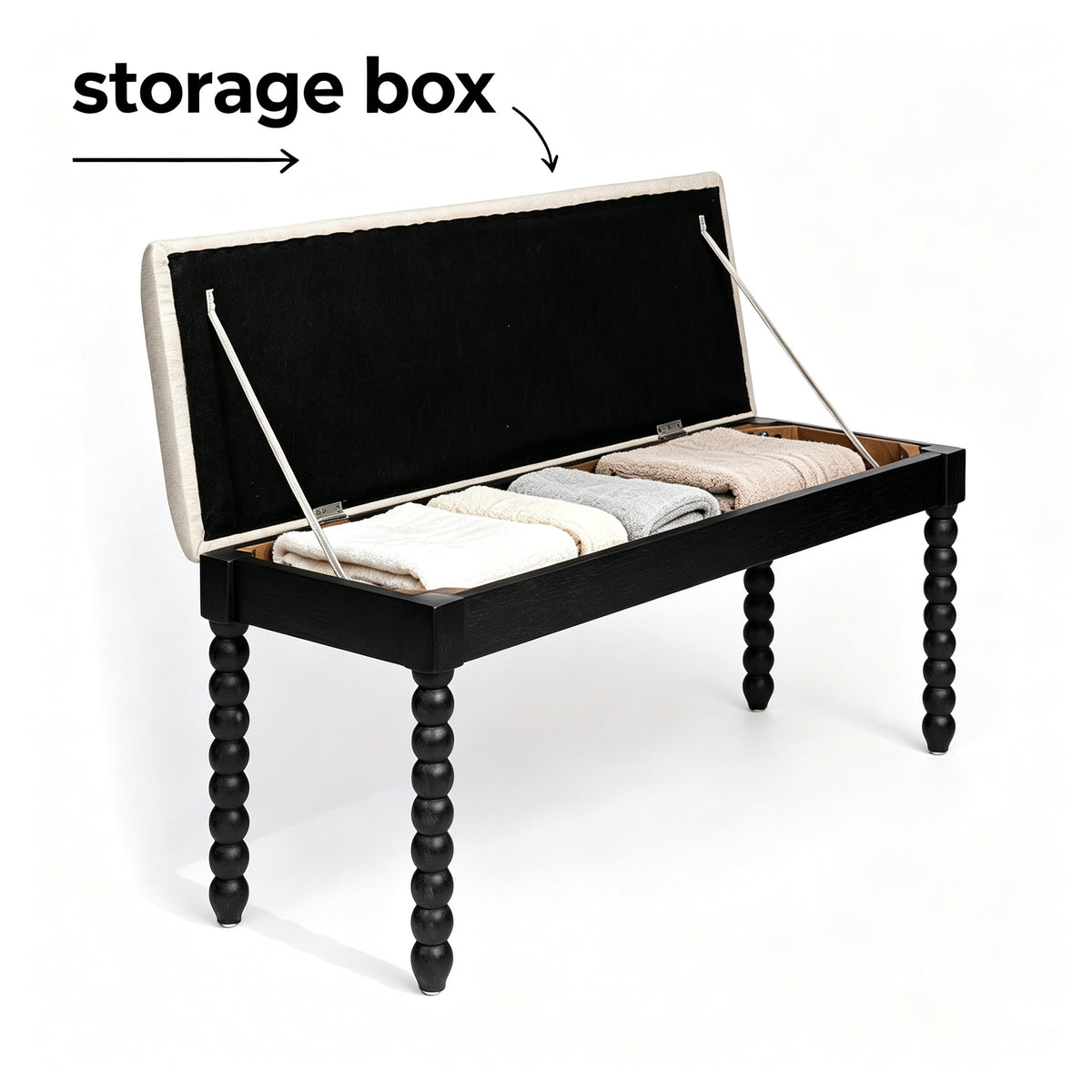 Farmhouse Wooden Storage Bench with Cushion, Turned Spindle Legs, Black, 48-Inch